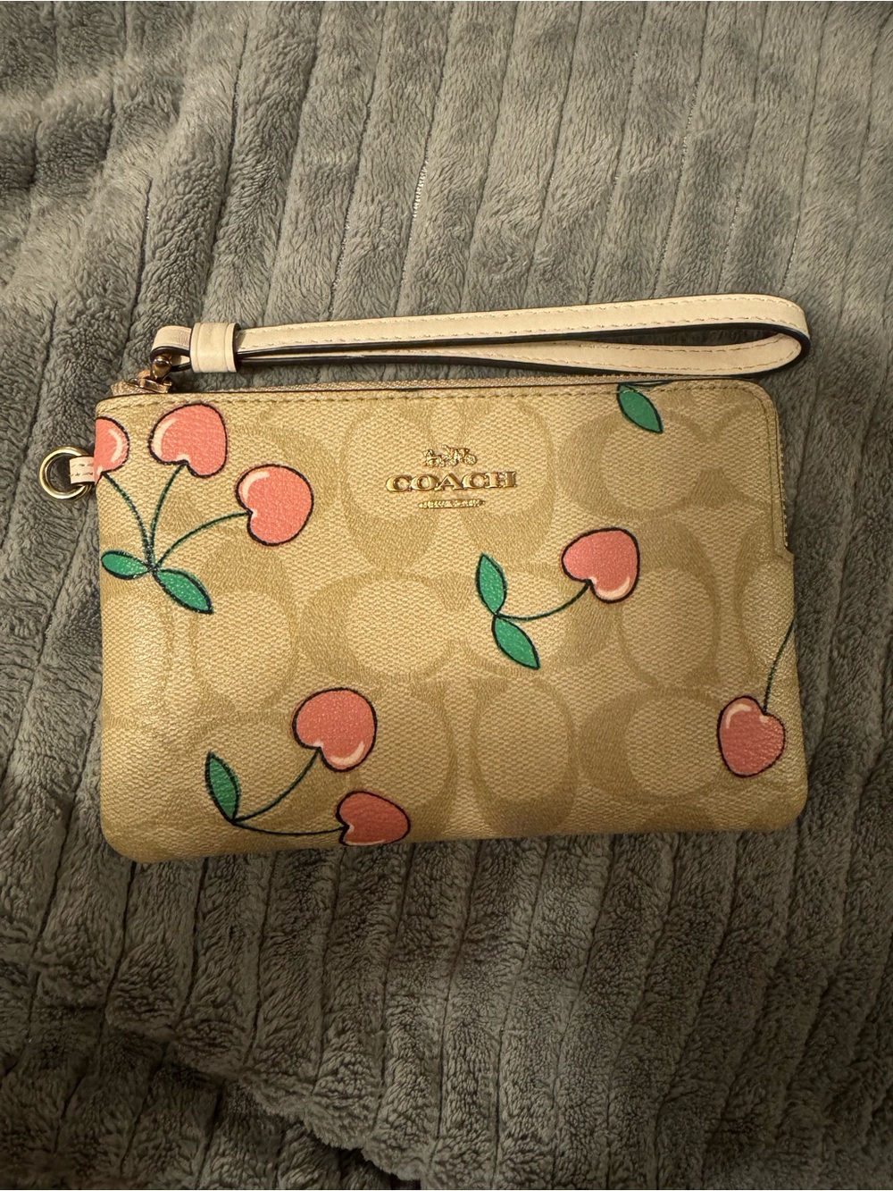 Coach Cherry-Print Signature Wristlet in Tan with Pink and Green
